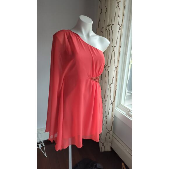 Free People One Shoulder Beaded Chiffon Mini Dress size 4  Papaya Party   Small - Picture 3 of 13